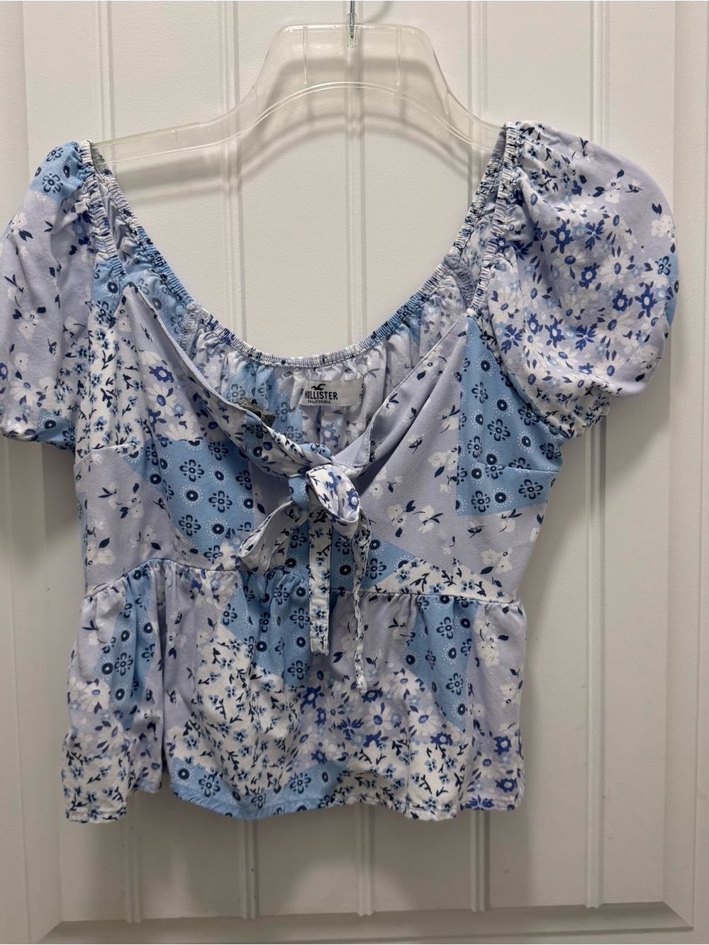 Hollister Blue Crop Top Patchwork Puff Sleeve Tie Front Coquette Cottage Size S